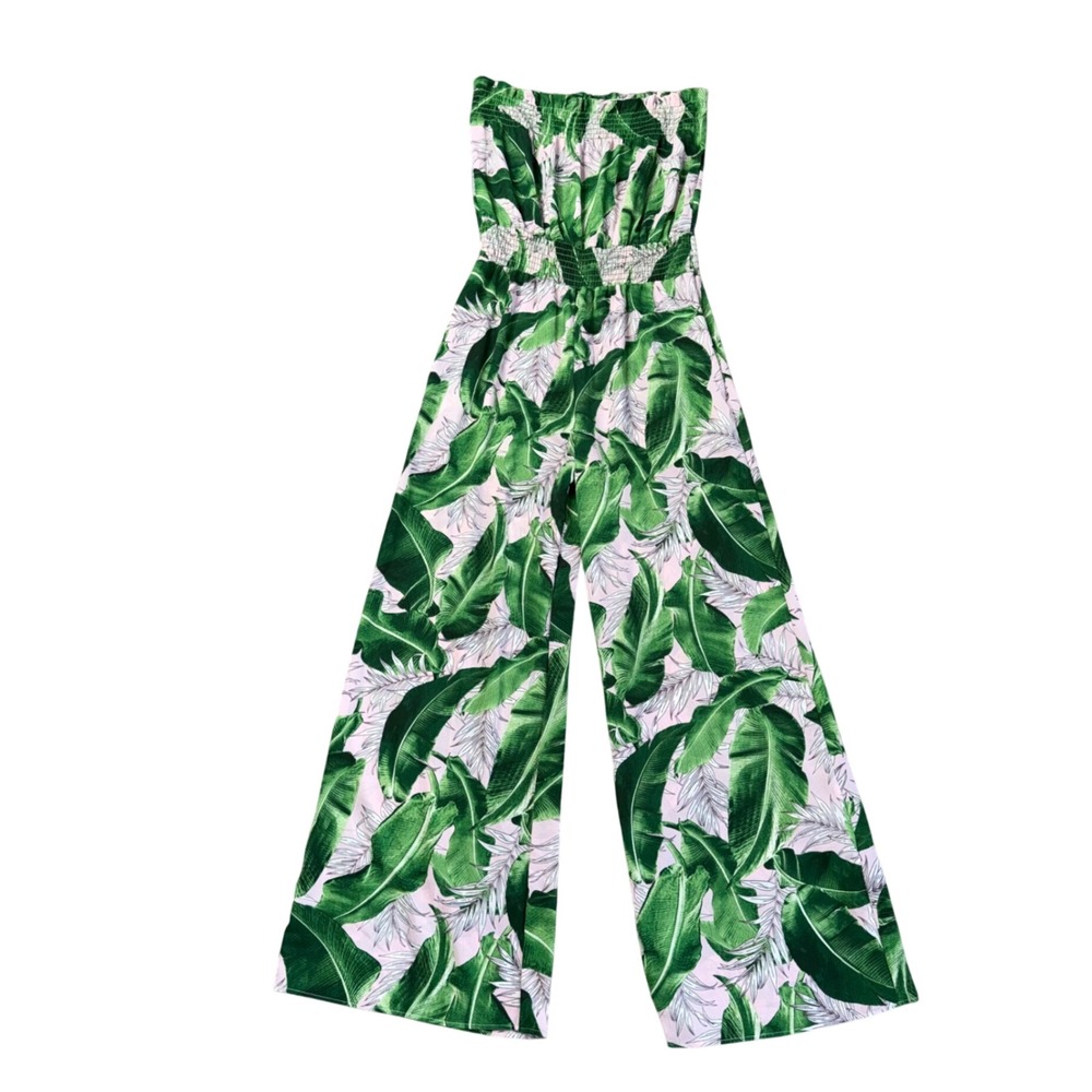 P.CILL Banana Leaf Print Jumpsuit Women Size M Green Pink Excellent Wide Leg
